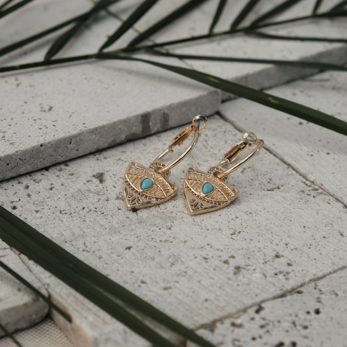 EGYPTIAN STYLE DANGLE EVIL EYE EARRINGS GOLD