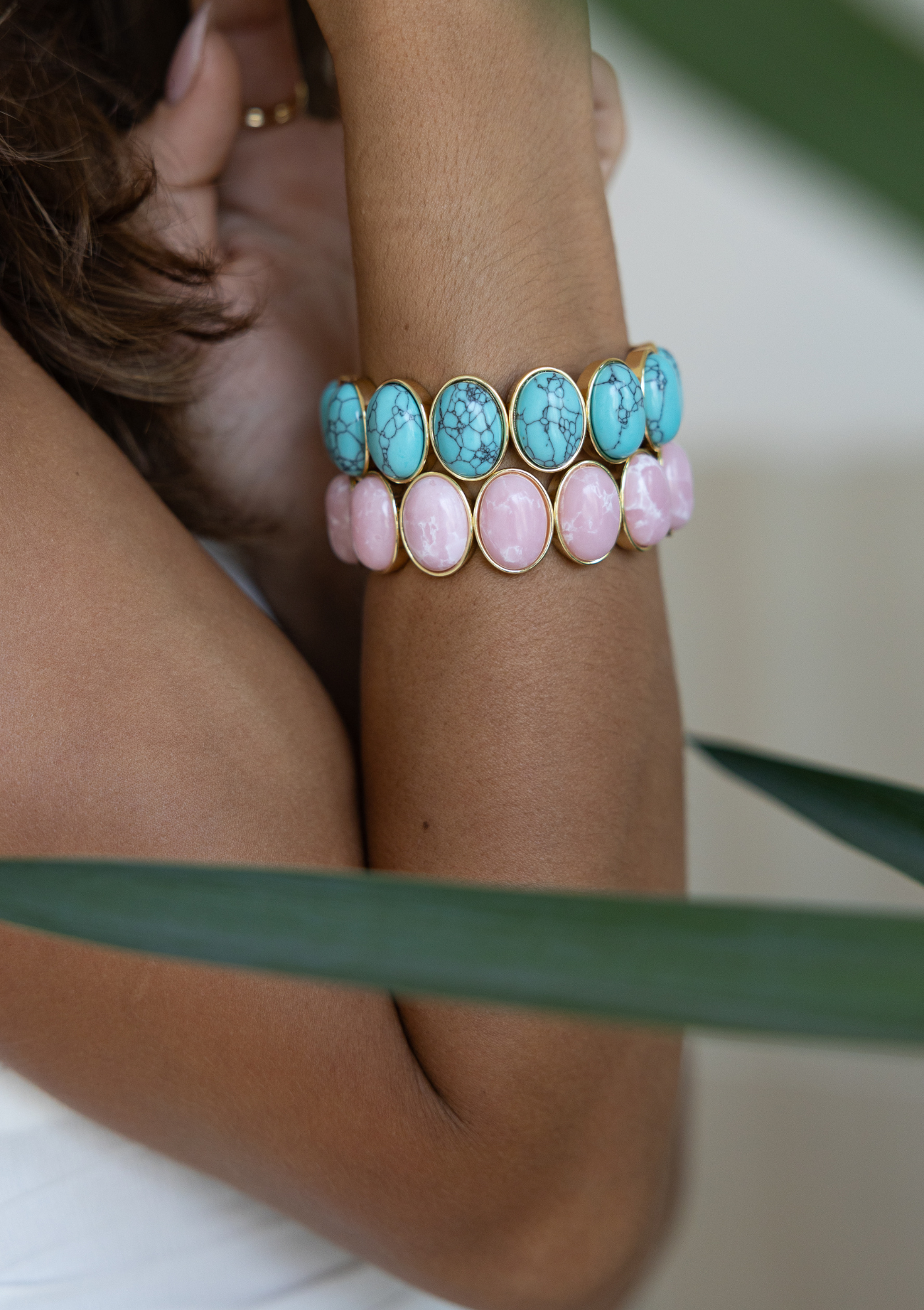 Pink & Blue Stone Bracelet – Elastic 18K Gold Boho Jewelry| MBS